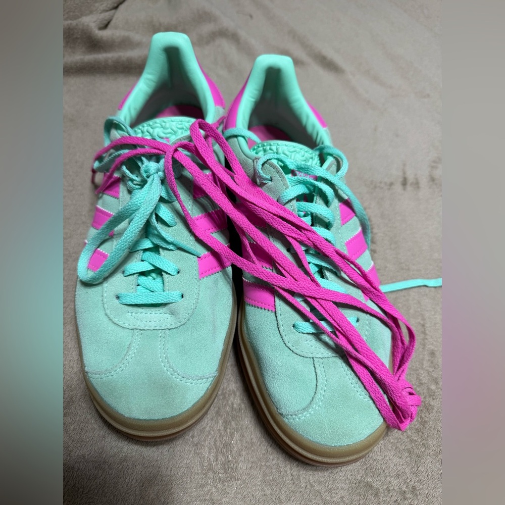 Green and pink adidas gazelles 8.5